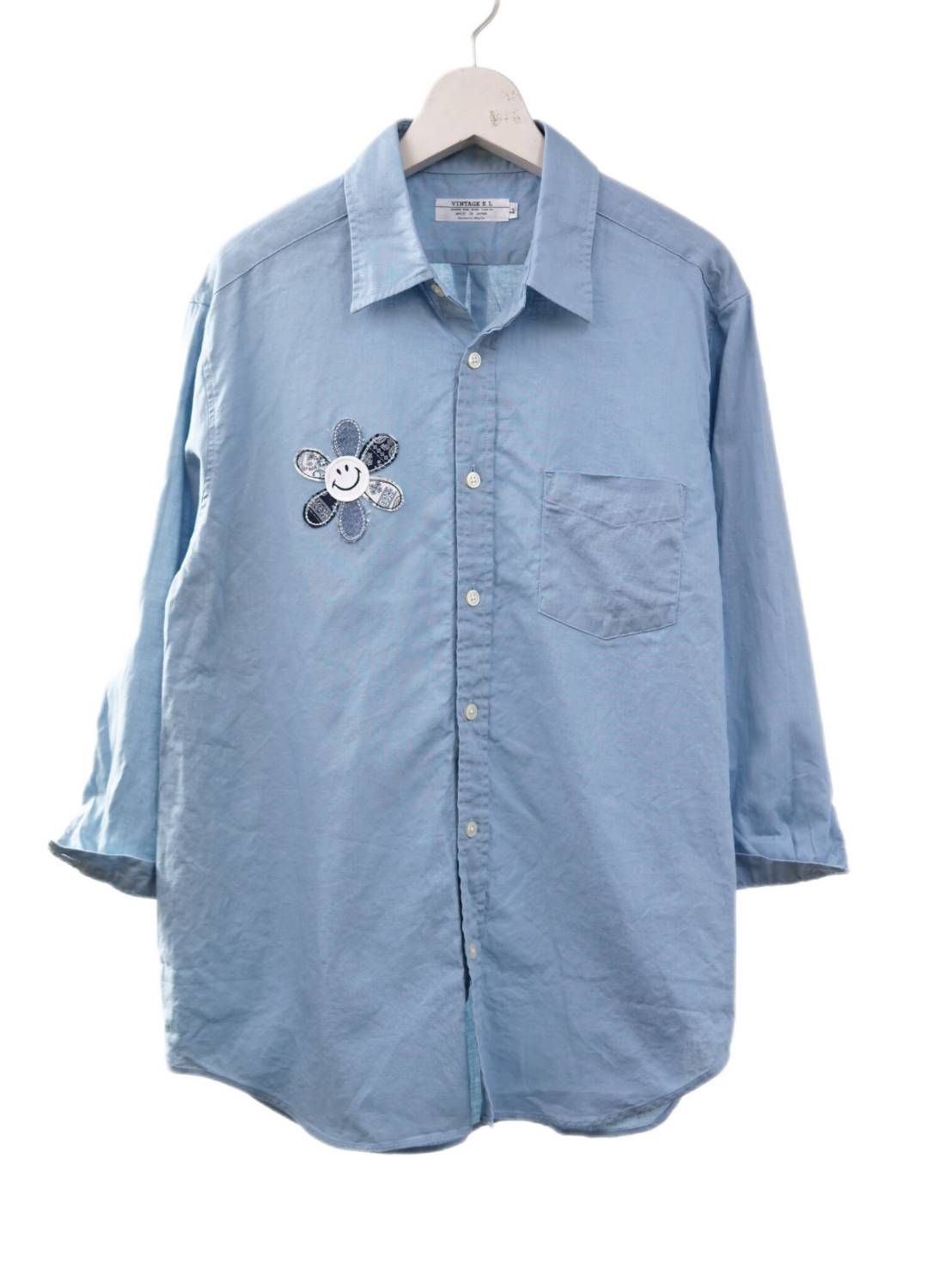 【日本製】ヴィンテージデニムワッペン 7分袖リネンコットンシャツ｜古着 Levi's デニム使用