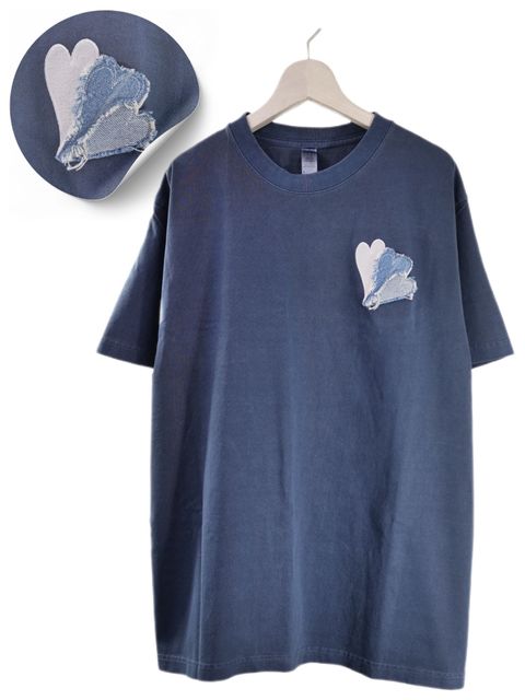 【ハートデザイン】 刺繍Tシャツ / 6.6オンス / ガーメントダイ / NAVY / ヘヴィウエイト / シンプルTシャツ / 1ポイントデザイン