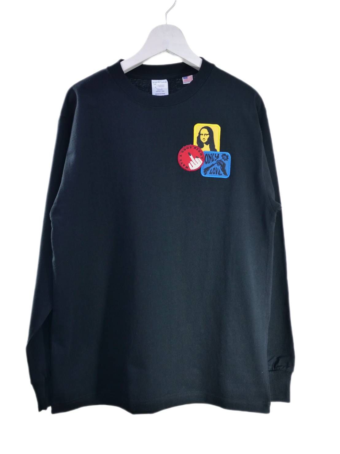 「リメイクTシャツ」 ロンTリメイク /モナリザモチーフワッペン /  BLACK / ユニセックス / usaコットン tシャツ