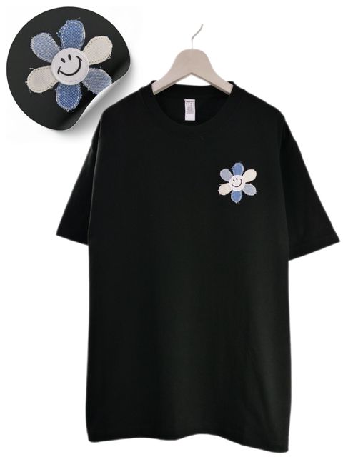 【ニコちゃんデザイン】 刺繍Tシャツ / 6.6オンス / ヘヴィウエイト / シンプルTシャツ / 1ポイントデザイン/ BLACK