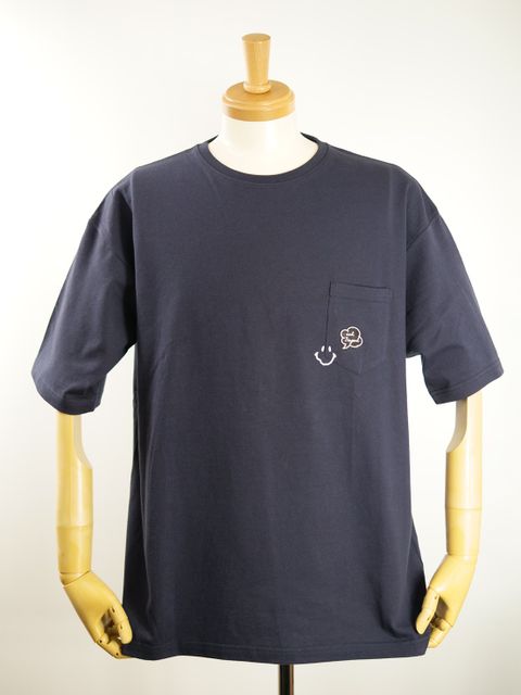 【3D刺繍】LANDER BLUE オリジナル / NAVY / ネイビー / ニコちゃん刺繍 / ビックシルエット / 1ポケTシャツ