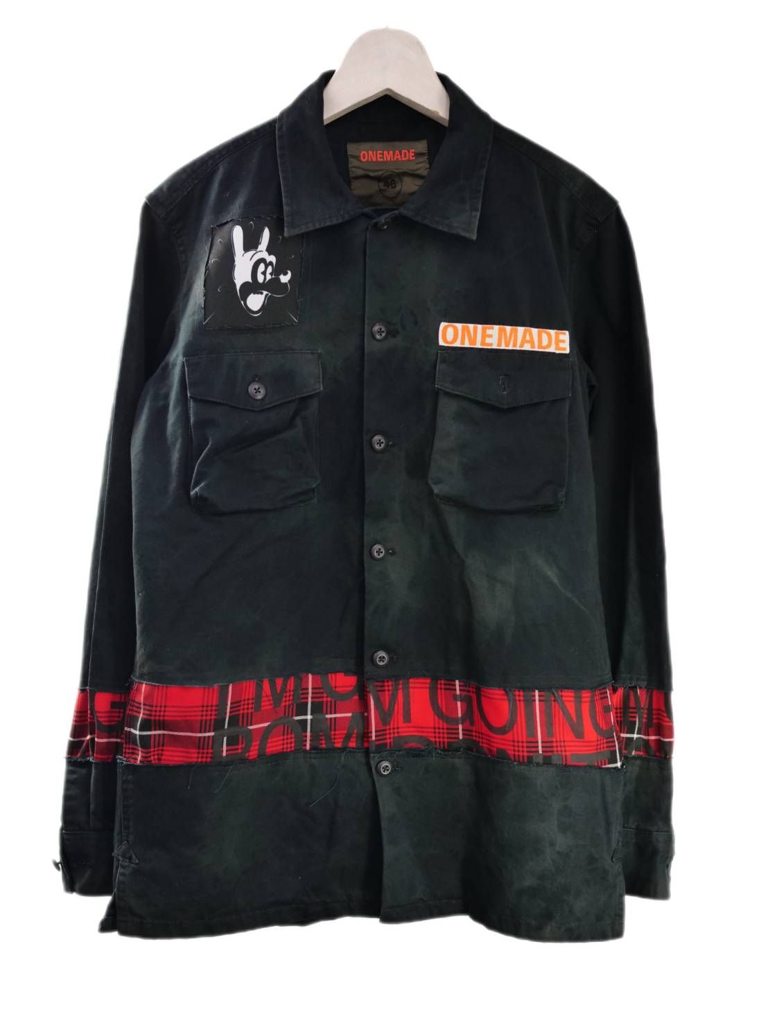 【ONEMADE】 アートミリタリーシャツ｜かご染め×手作業プリントの大人の一着/ BLACK / ユニセックス