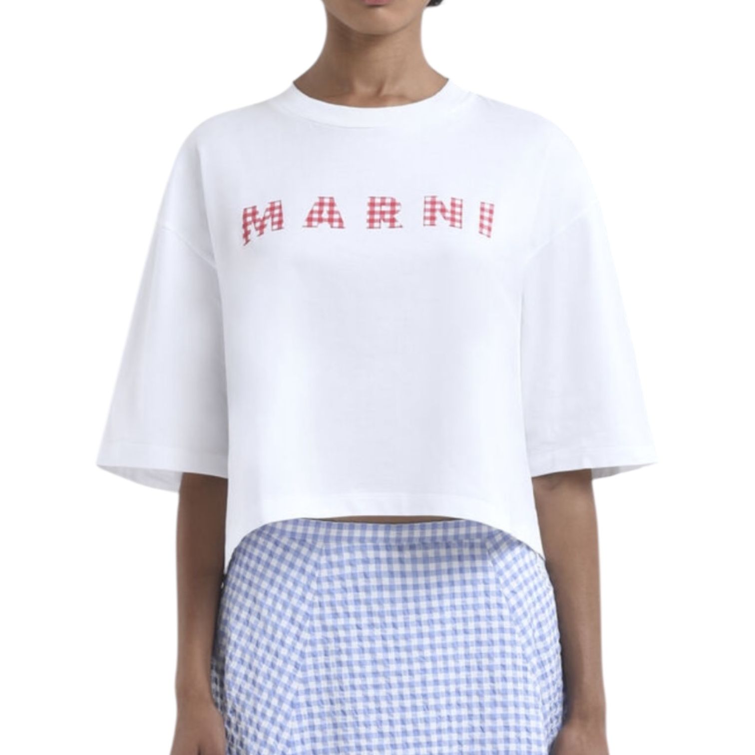 ジャージーコットン製 チェック柄マルニロゴ入りTシャツ / クロップド・ボクシーTシャツ / ホワイト / 25SS new