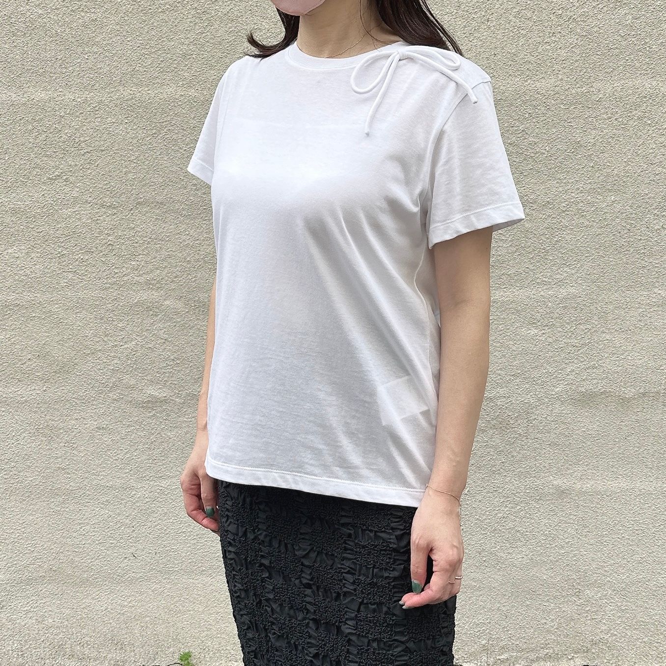 Cotton ribbon T-shirt  / リボン付き コットン Tシャツ / クルーネック / レディース / ホワイト