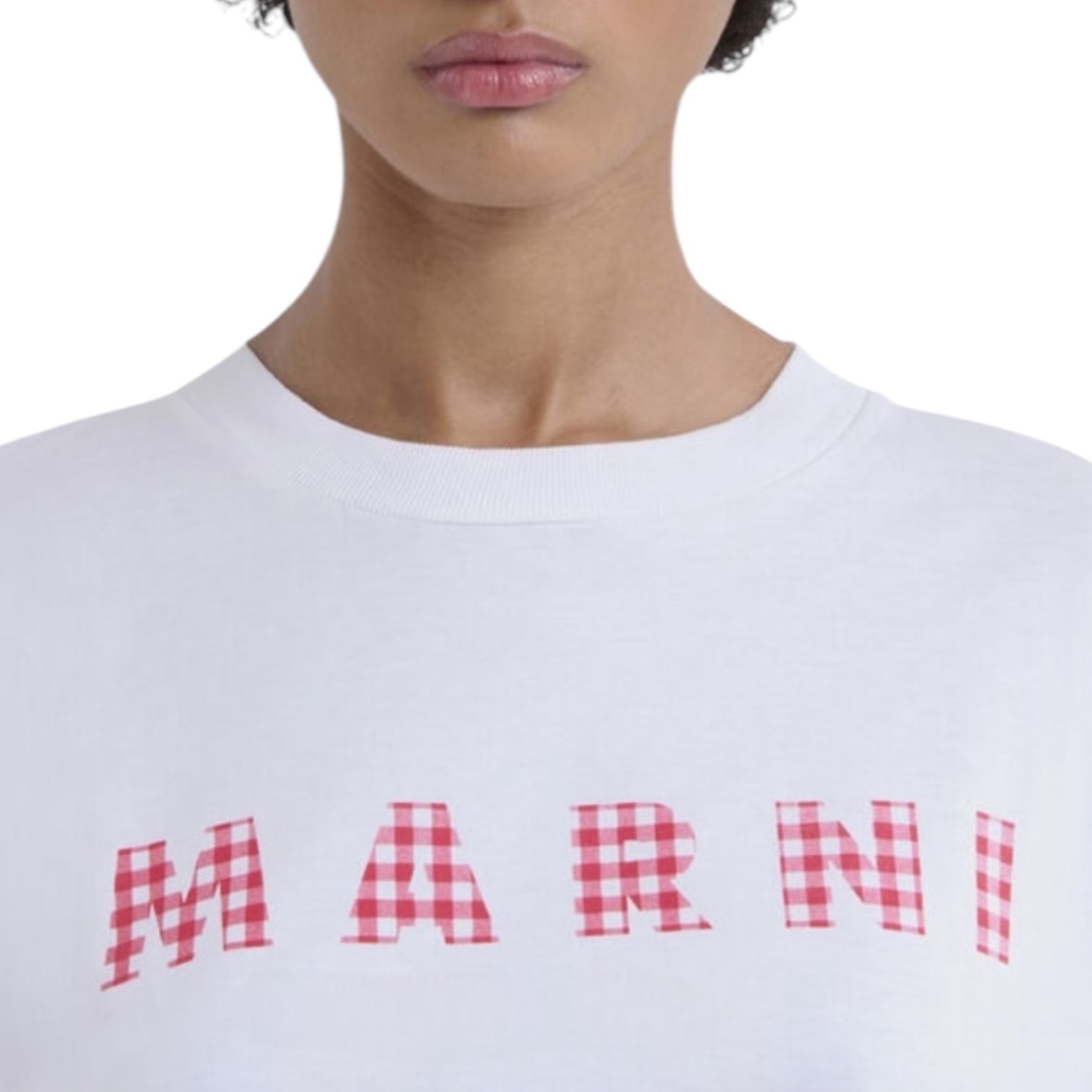 ジャージーコットン製 チェック柄マルニロゴ入りTシャツ / クロップド・ボクシーTシャツ / ホワイト / 25SS new