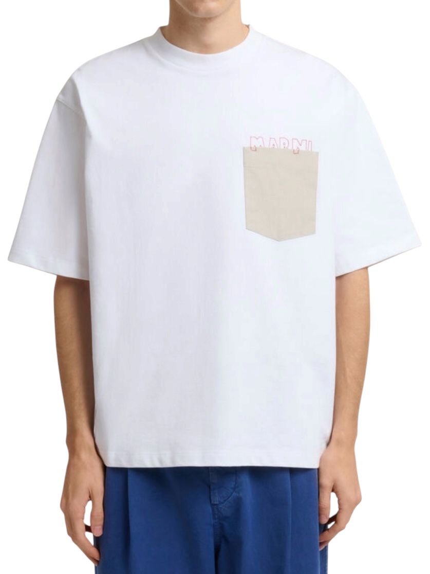 ホワイト コントラストポケット付きコットンTシャツ/ 2026SS NEW