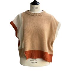 クリーム カラーブロック ノースリーブニット トップス/カシミア製/ベージュ/ホワイト/ウィメンズ