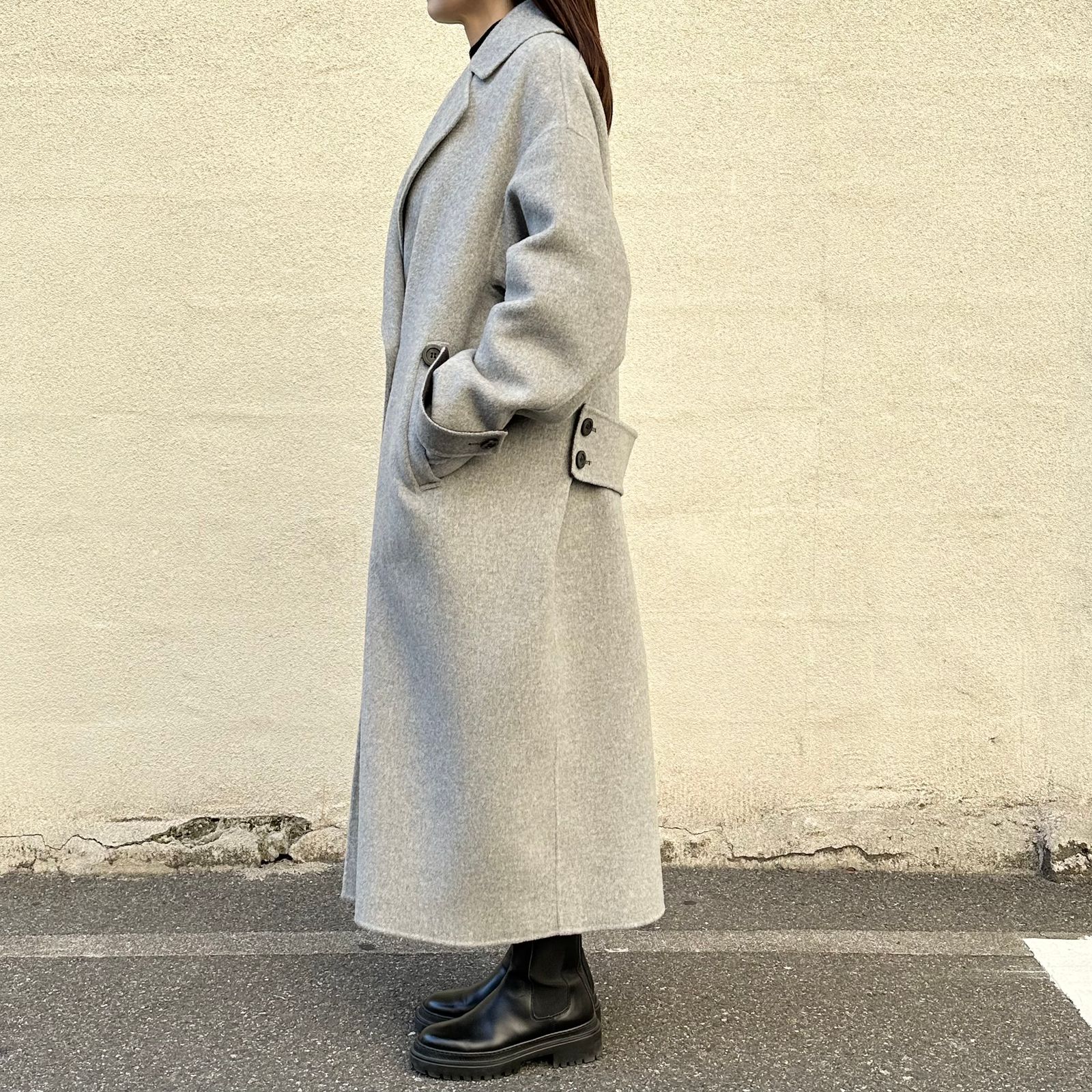 Length rever coat / ウールコート / テーラード / スタンドカラー / ライトグレー