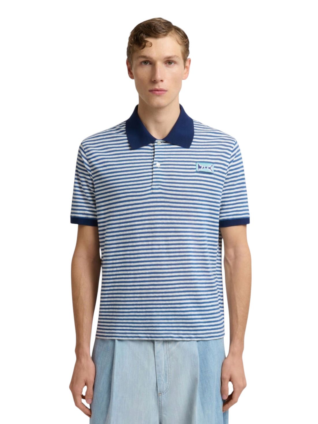 ブルー ストライプ入り リネンブレンドポロシャツ/ 2026SS NEW