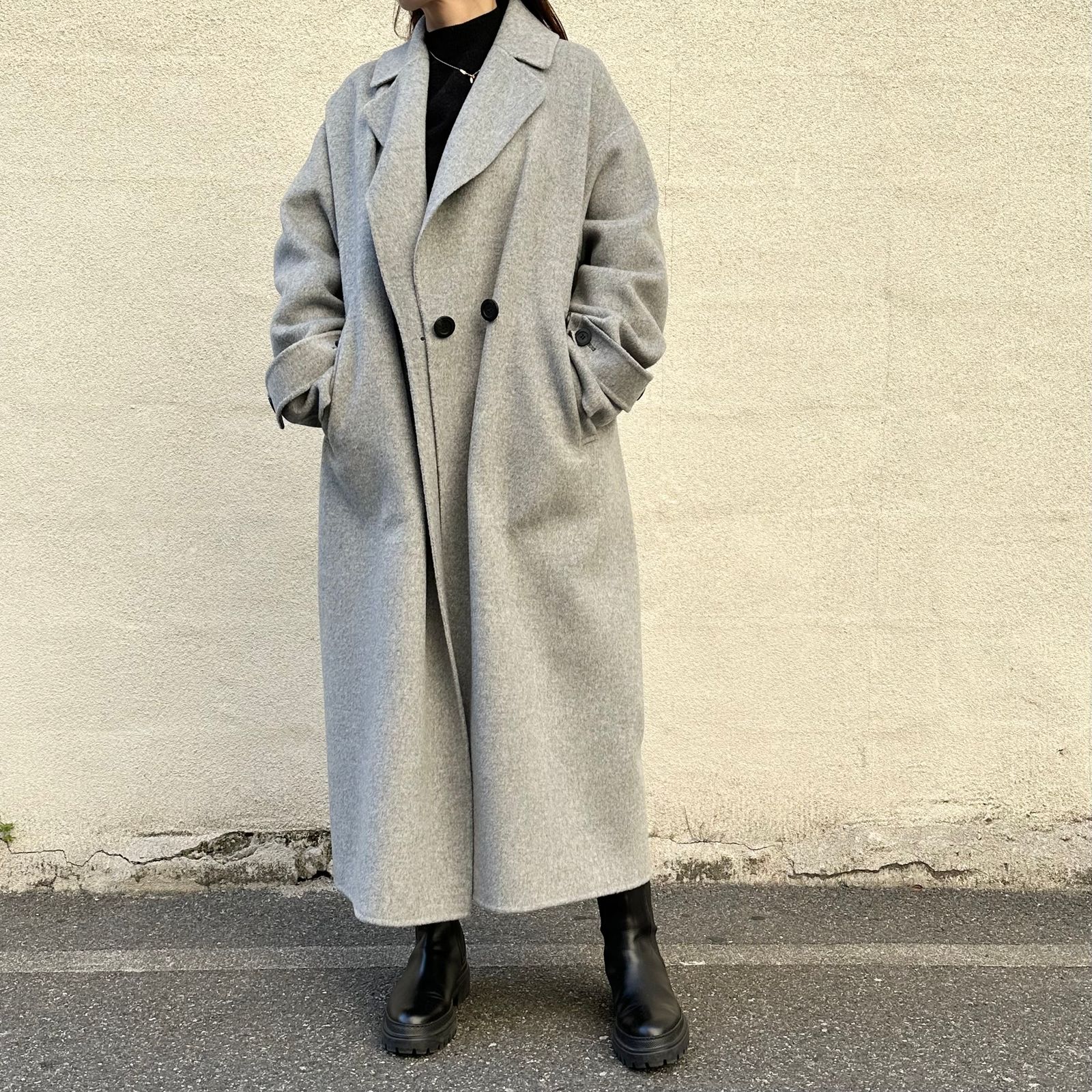 Length rever coat / ウールコート / テーラード / スタンドカラー / ライトグレー