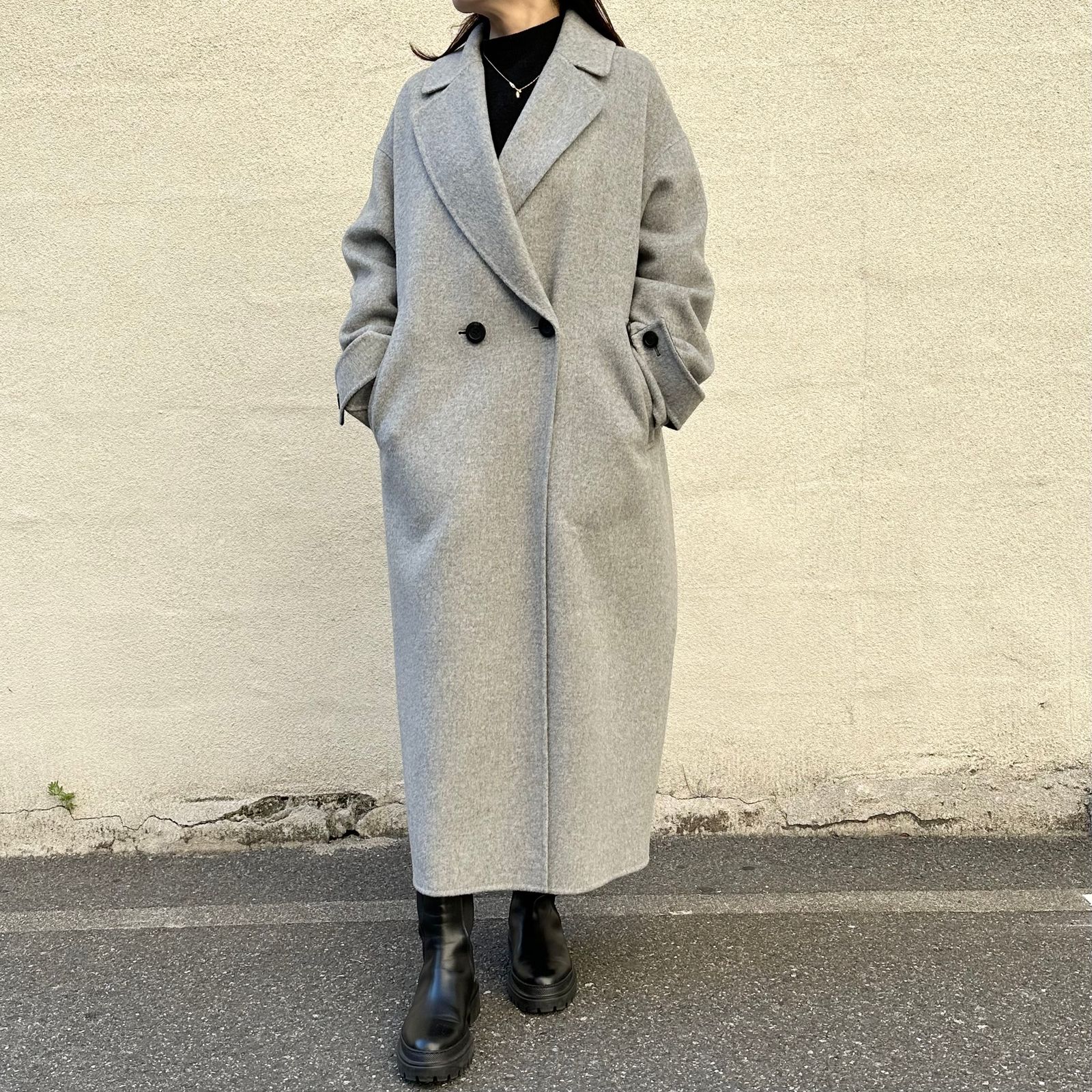 Length rever coat / ウールコート / テーラード / スタンドカラー / ライトグレー