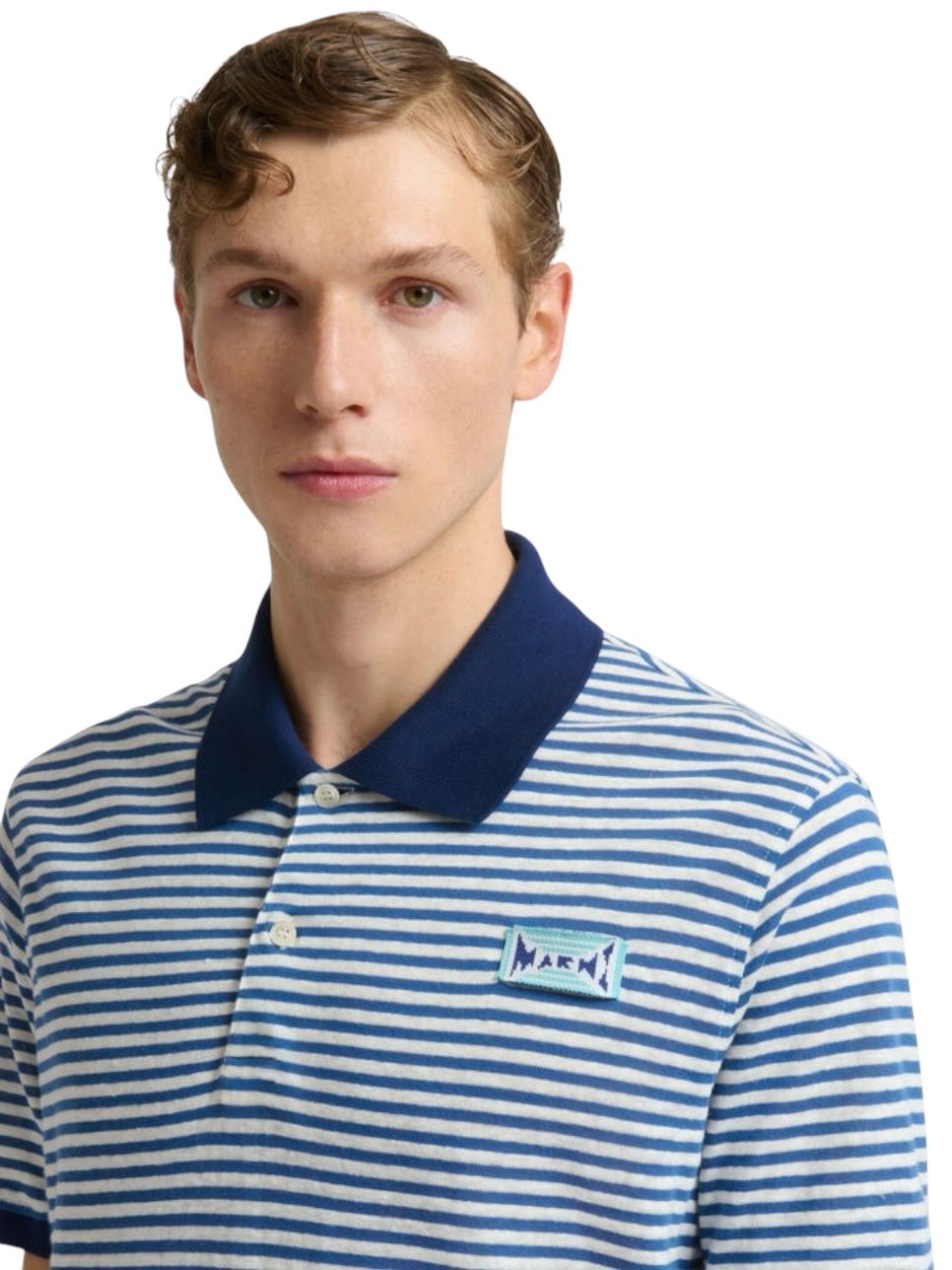 ブルー ストライプ入り リネンブレンドポロシャツ/ 2026SS NEW