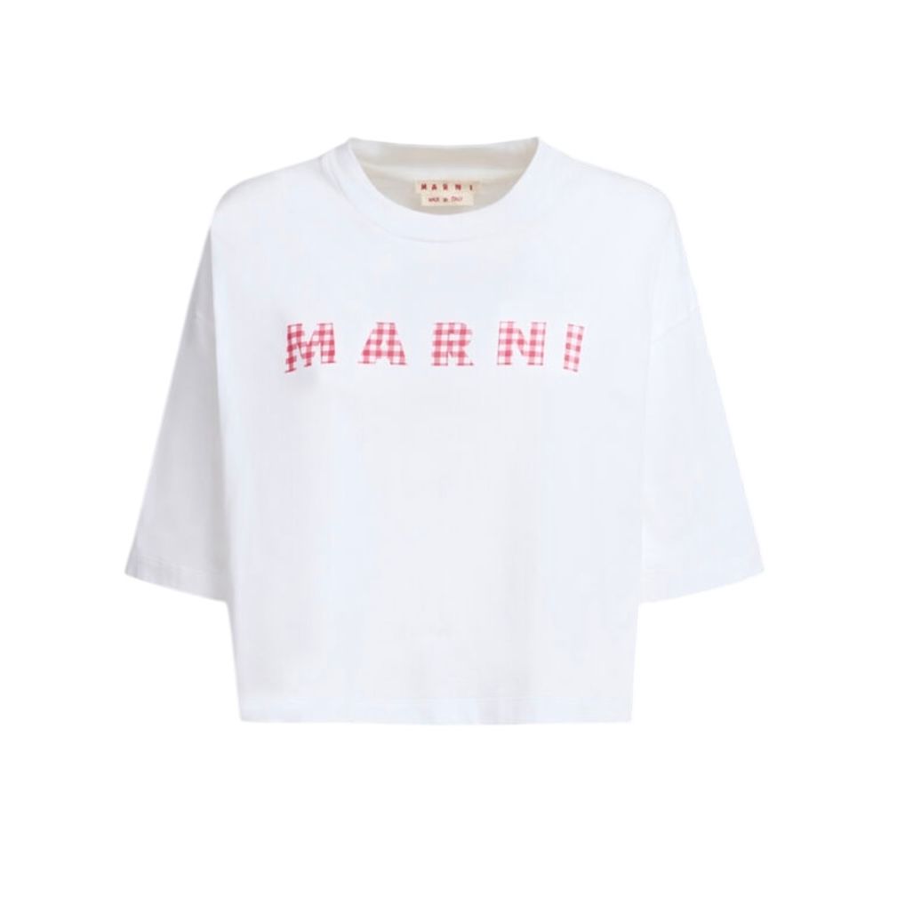 ジャージーコットン製 チェック柄マルニロゴ入りTシャツ / クロップド・ボクシーTシャツ / ホワイト / 25SS new