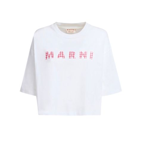 ジャージーコットン製 チェック柄マルニロゴ入りTシャツ / クロップド・ボクシーTシャツ / ホワイト / 25SS new
