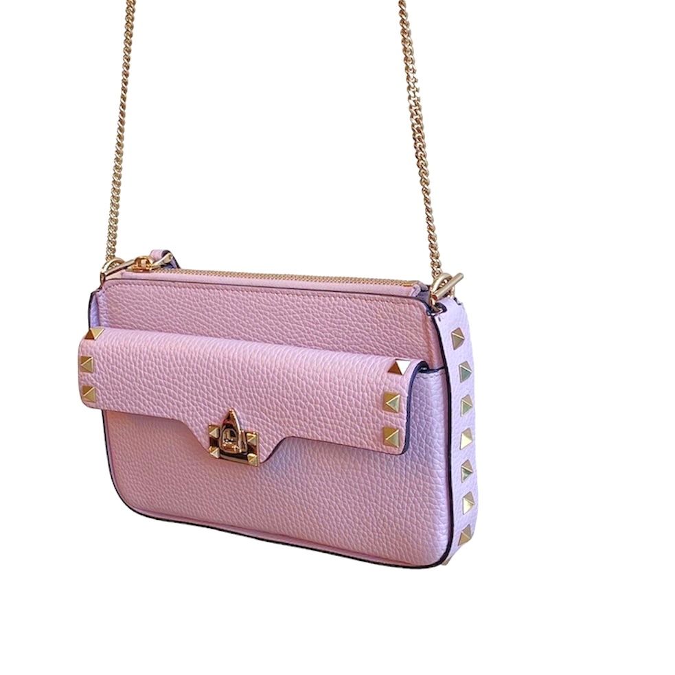 Rock studs grained Calfskin chain pouch / バッグ / ショルダーバッグ / クロスボディバッグ / レザー / カーフレザー / ロックスタッズ / ピンク