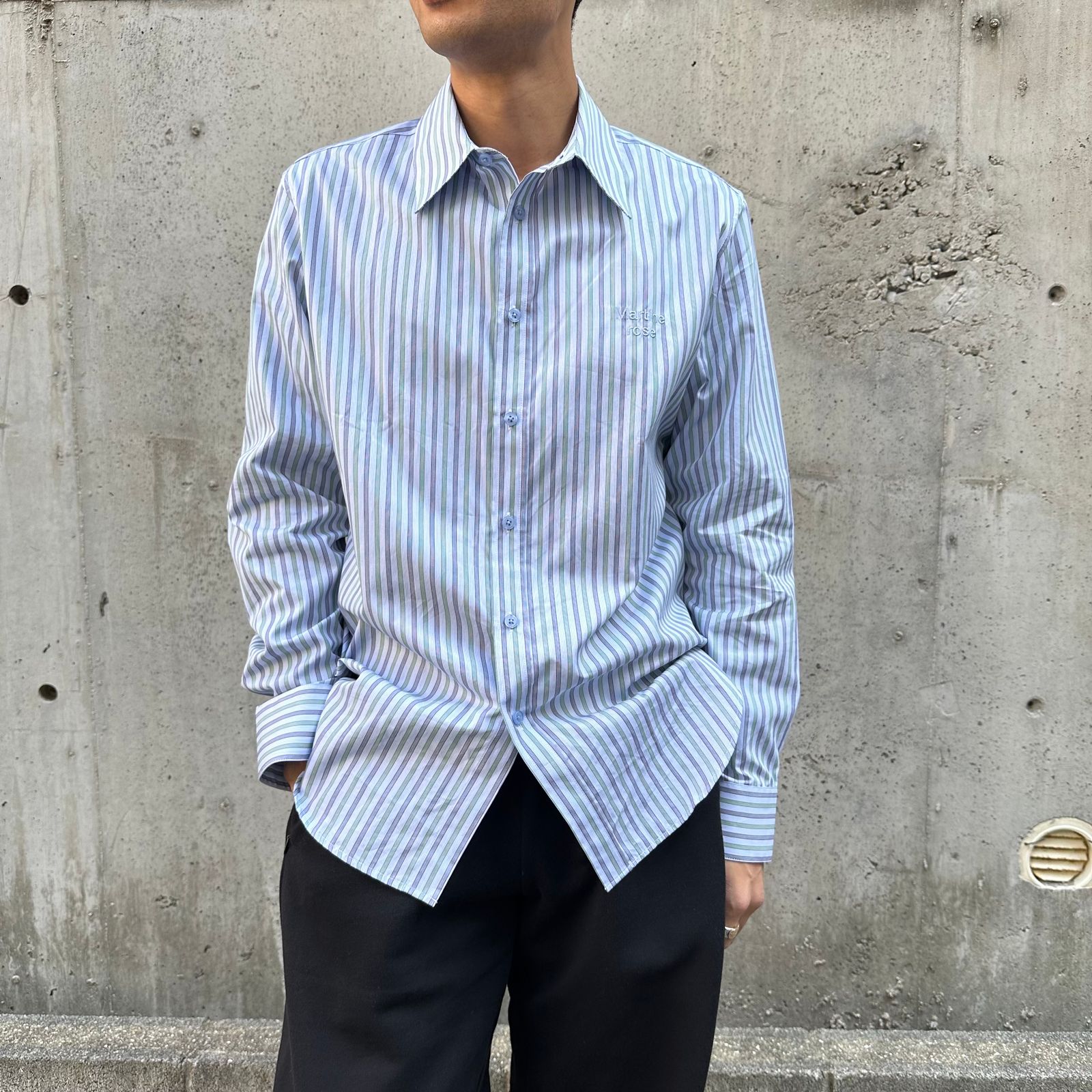 MARTINE ROSE - eros PRINT SHIRT in BLUE / ロゴシャツ / ストライプ ...