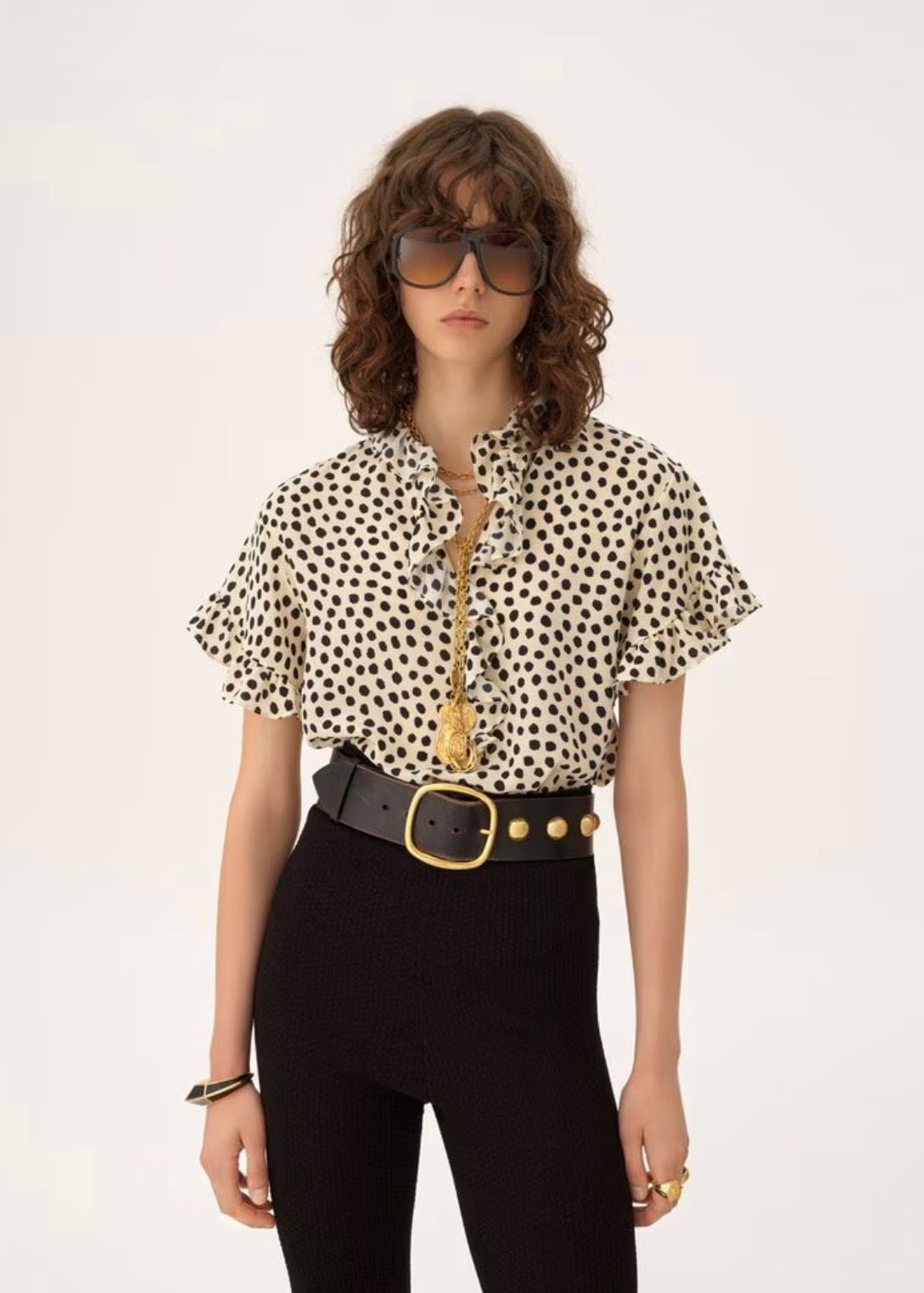 クレープデシン製ショートスリーブ フリルトップス / ウィメンズ / ウェア / ベージュ-ブラック / 2026SS NEW