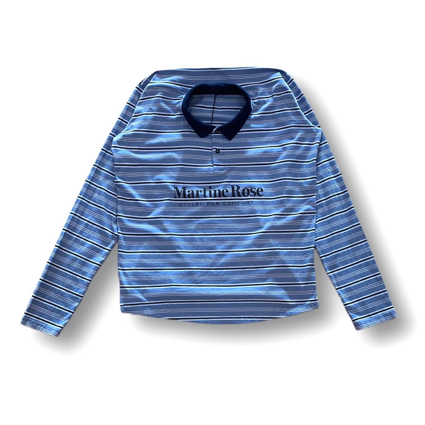 MARTINE ROSE - L/S PULLED NECK POLO in BLUE STRIPE ...