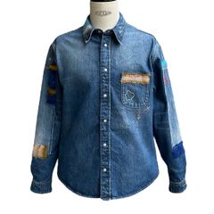 インディゴブルー オーガニックデニム製シャツ/モヘア製パッチ付き/メンズ
