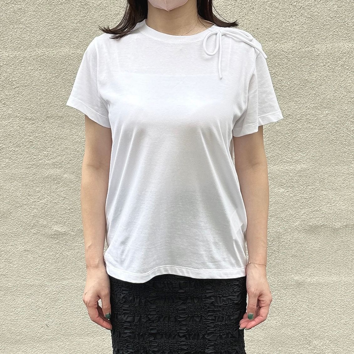 Cotton ribbon T-shirt  / リボン付き コットン Tシャツ / クルーネック / レディース / ホワイト
