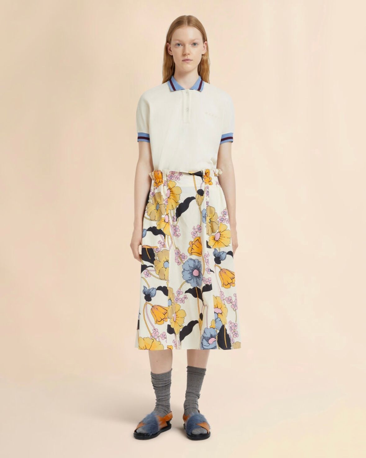 Melodiaプリント クリーム ポプリン エラスティックミディスカート / ウィメンズ / スカート / ホワイト / 2026ss NEW