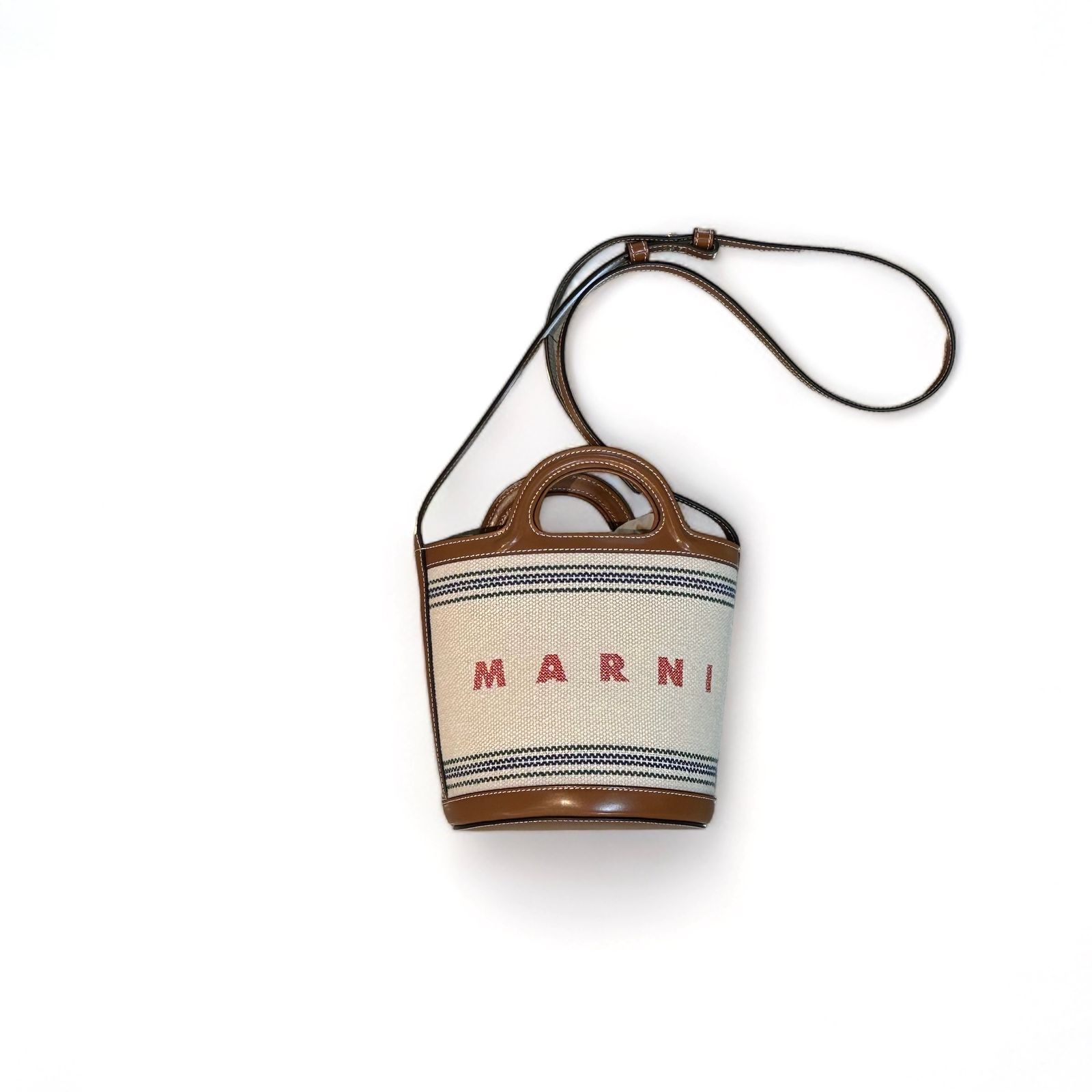 直営店 ‐MARNI- Tropicalia ストライプ バケットバッグ MARNI(マルニ) ホワイト ブラウン レザーとストライプキャンバス