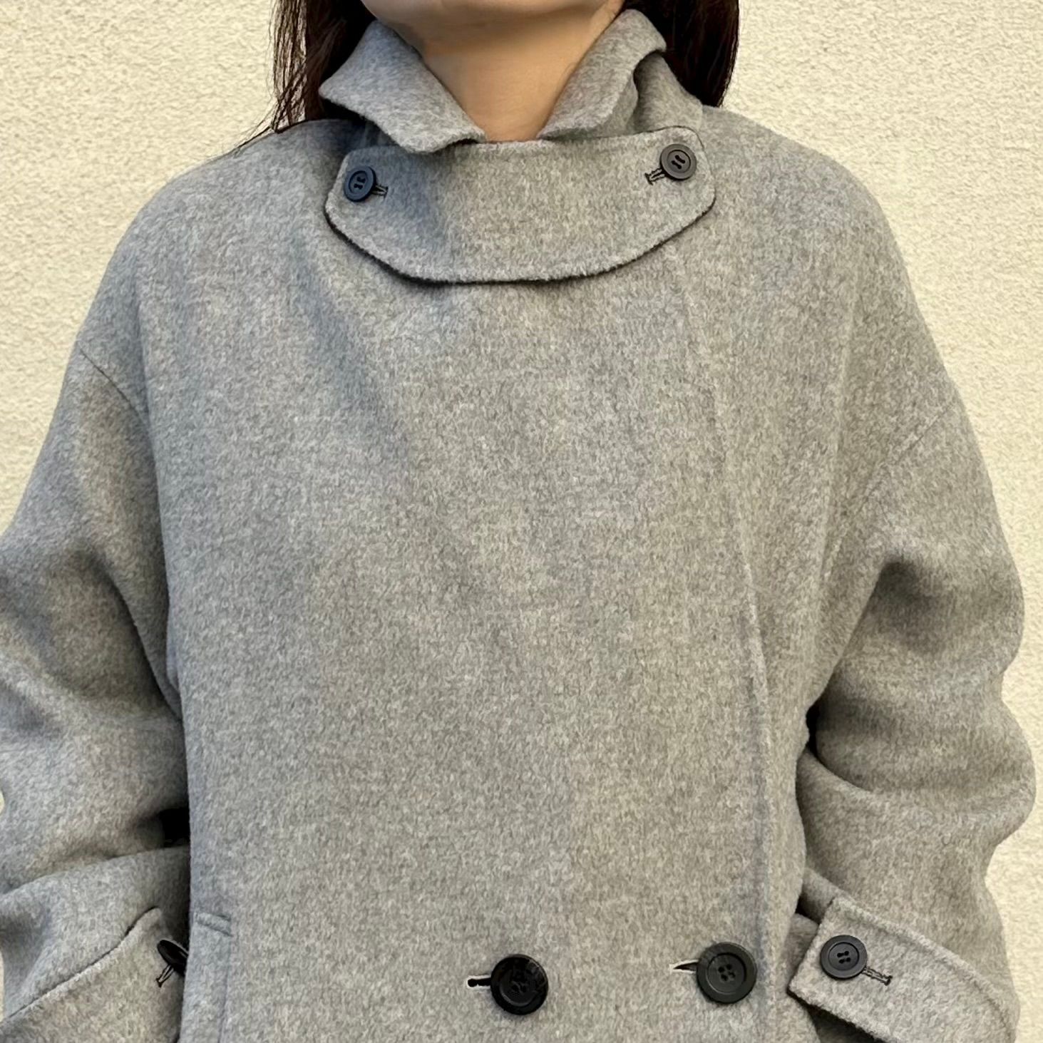 Length rever coat / ウールコート / テーラード / スタンドカラー / ライトグレー