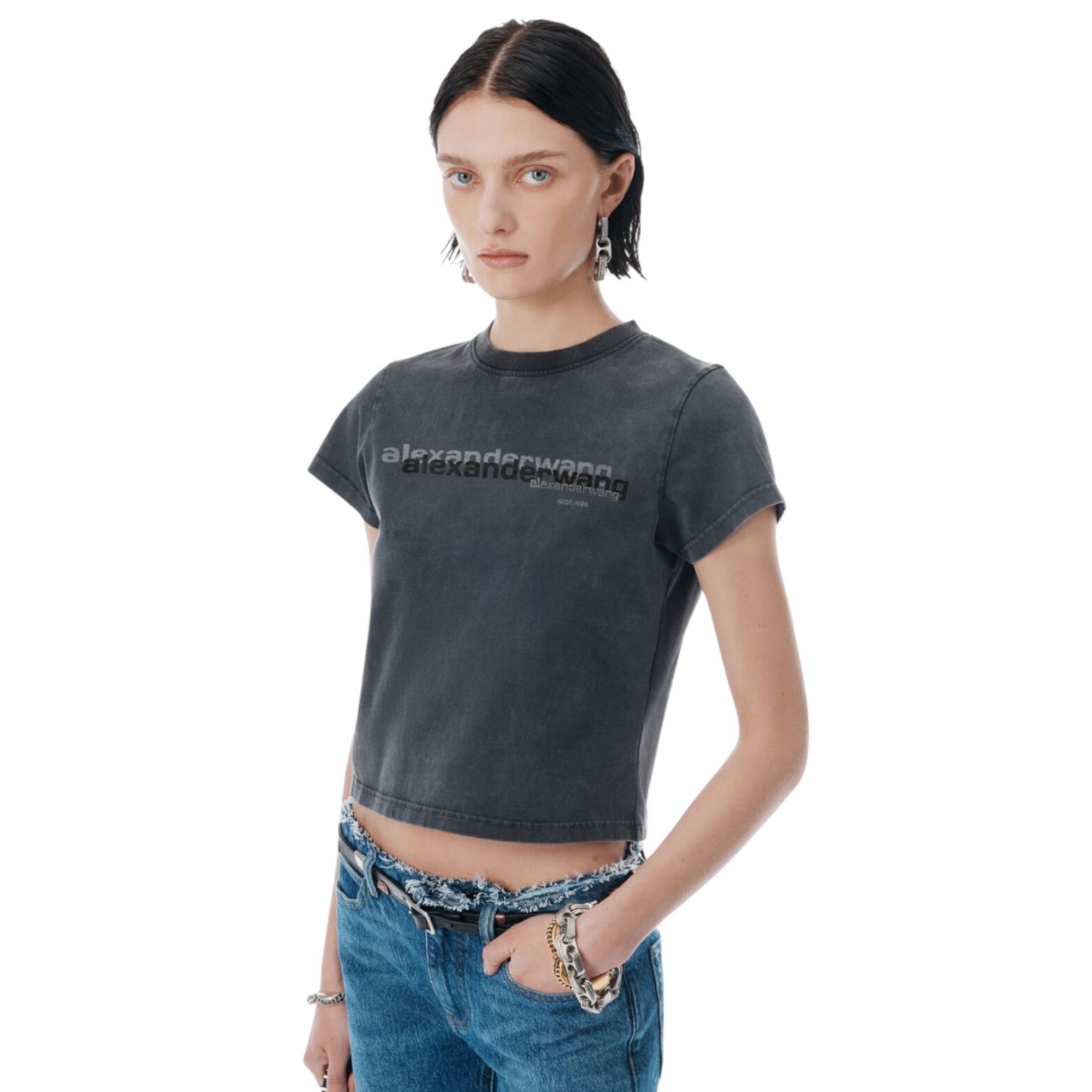 美品 ALEXANDER WANG ブラック Tシャツ ハイネック 【S】 ALEXANDER WANG - シュランク ディストレスト ロゴTシャツ