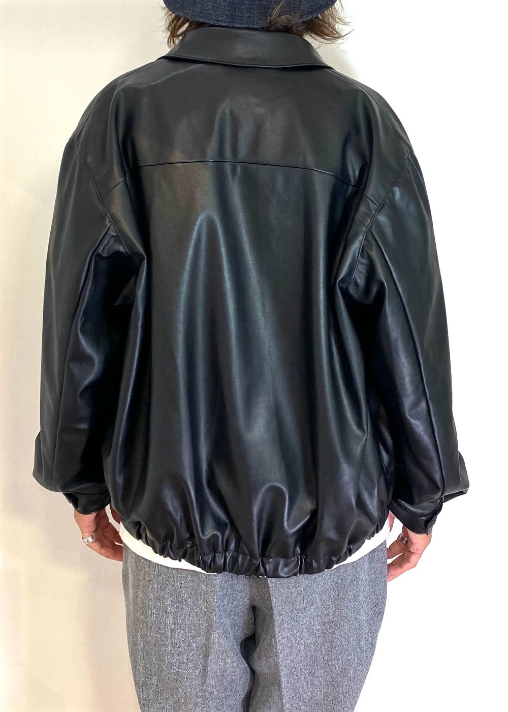 FAUX LEATHER HARRINGTON JACKET (BLACK) / フェイク レザー ハリントン ジャケット