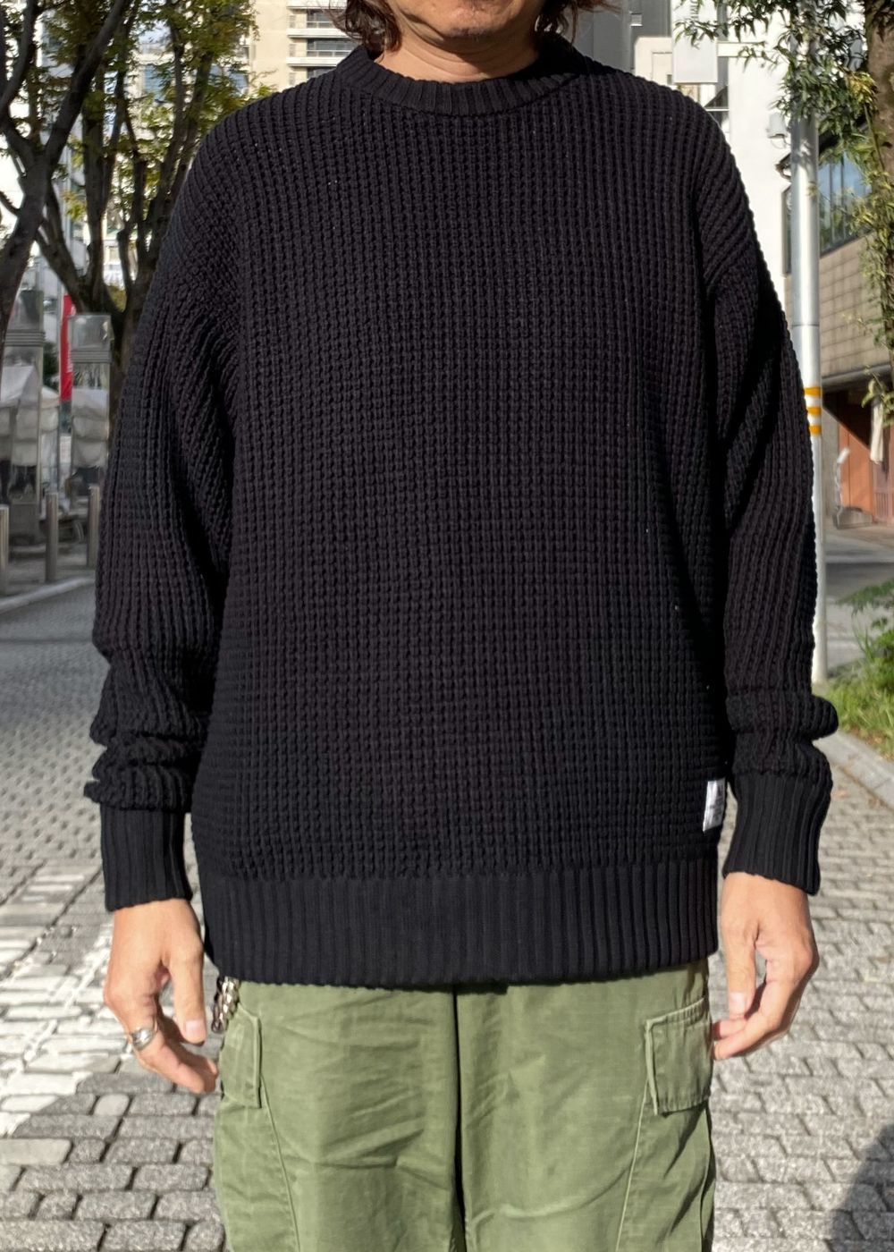 Heavy Waffle Knit Sweater (BLACK) / ヘビーワッフル コットン ニット セーター