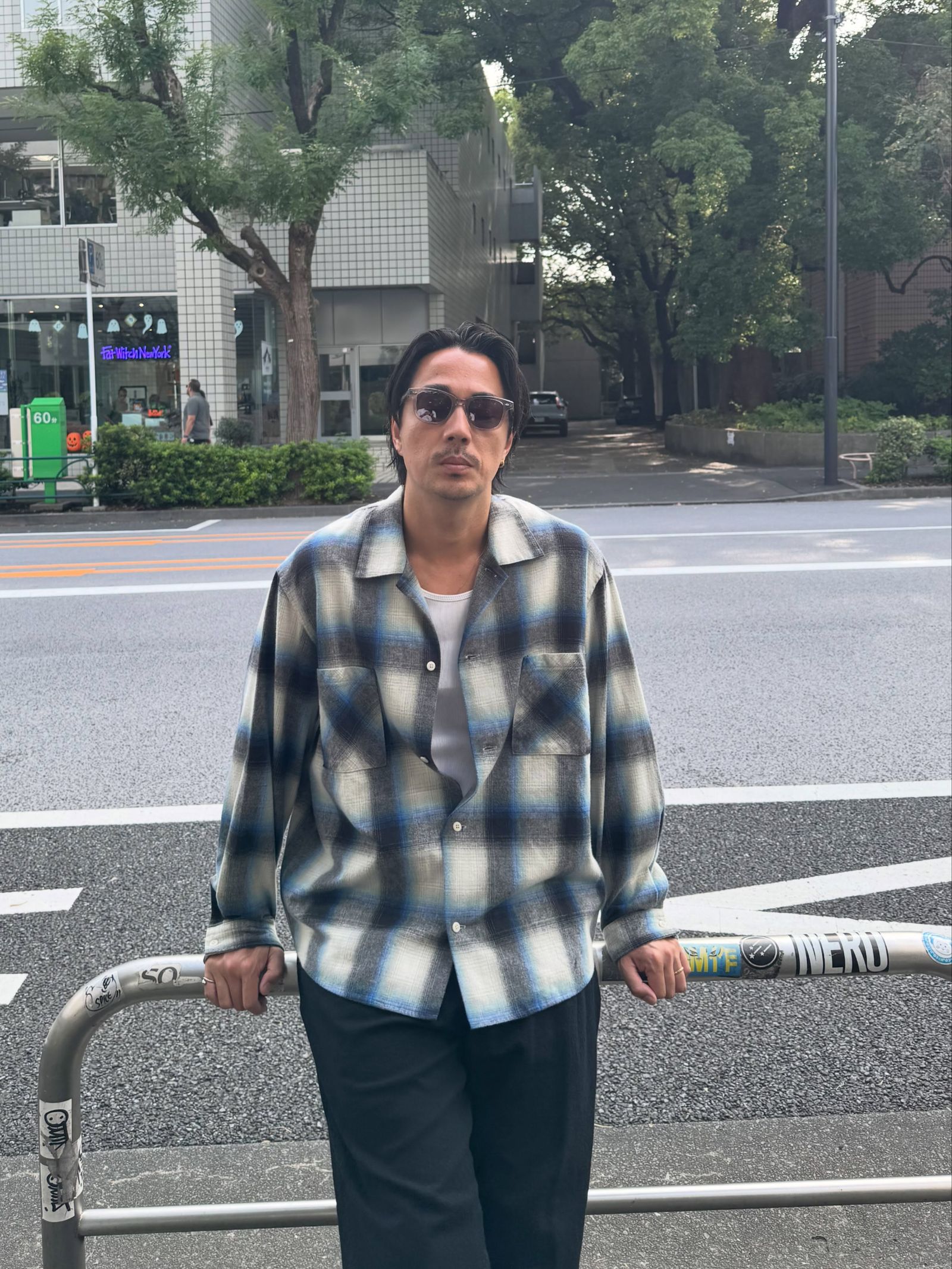 【ラスト1点】R9 OMBRE CHECK SHIRT (BLUE) / オンブレチェック オープン カラー シャツ