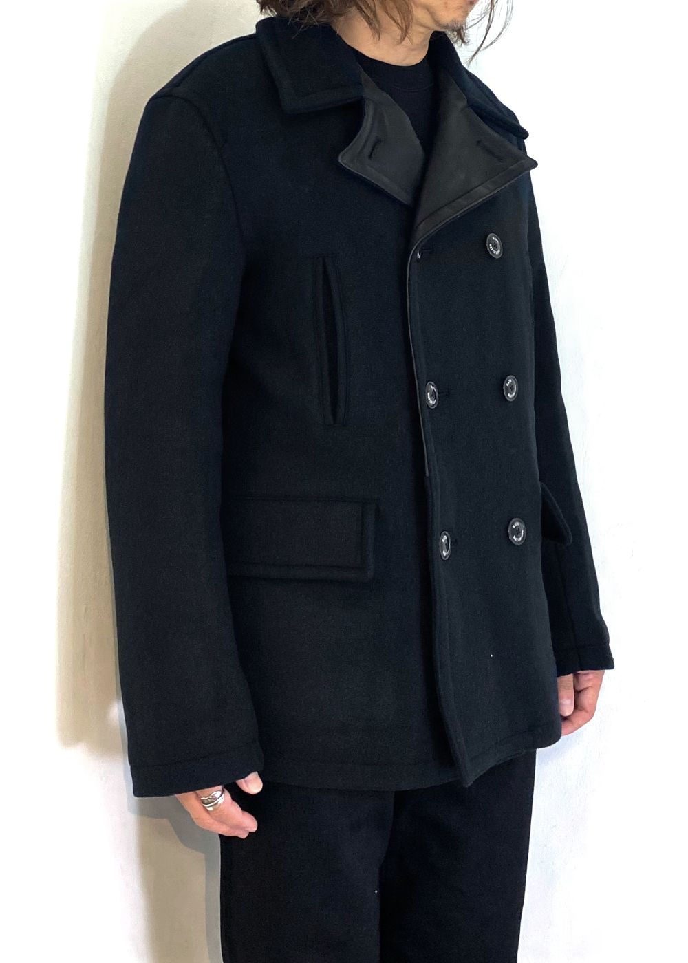 【ラスト1点】DOUBLE BREASTED WOOL JKT (BLACK) / 襟レザー ピーコート