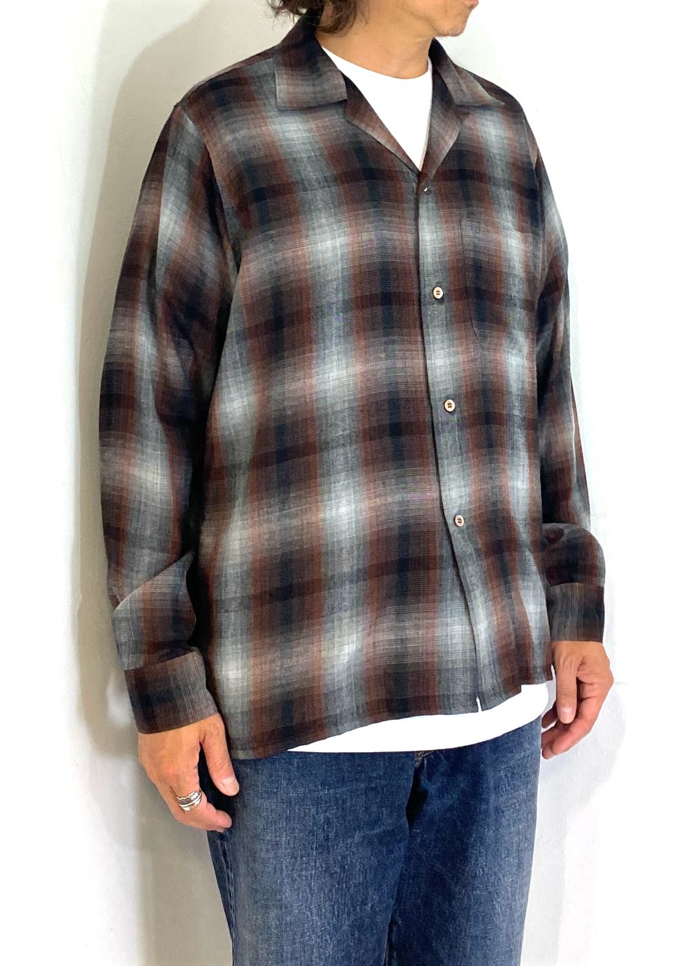 T.Rayon Ombre Open Collar Shirt Open Collar Shirt (BRT) / オンブレチェック オープンカラーシャツ