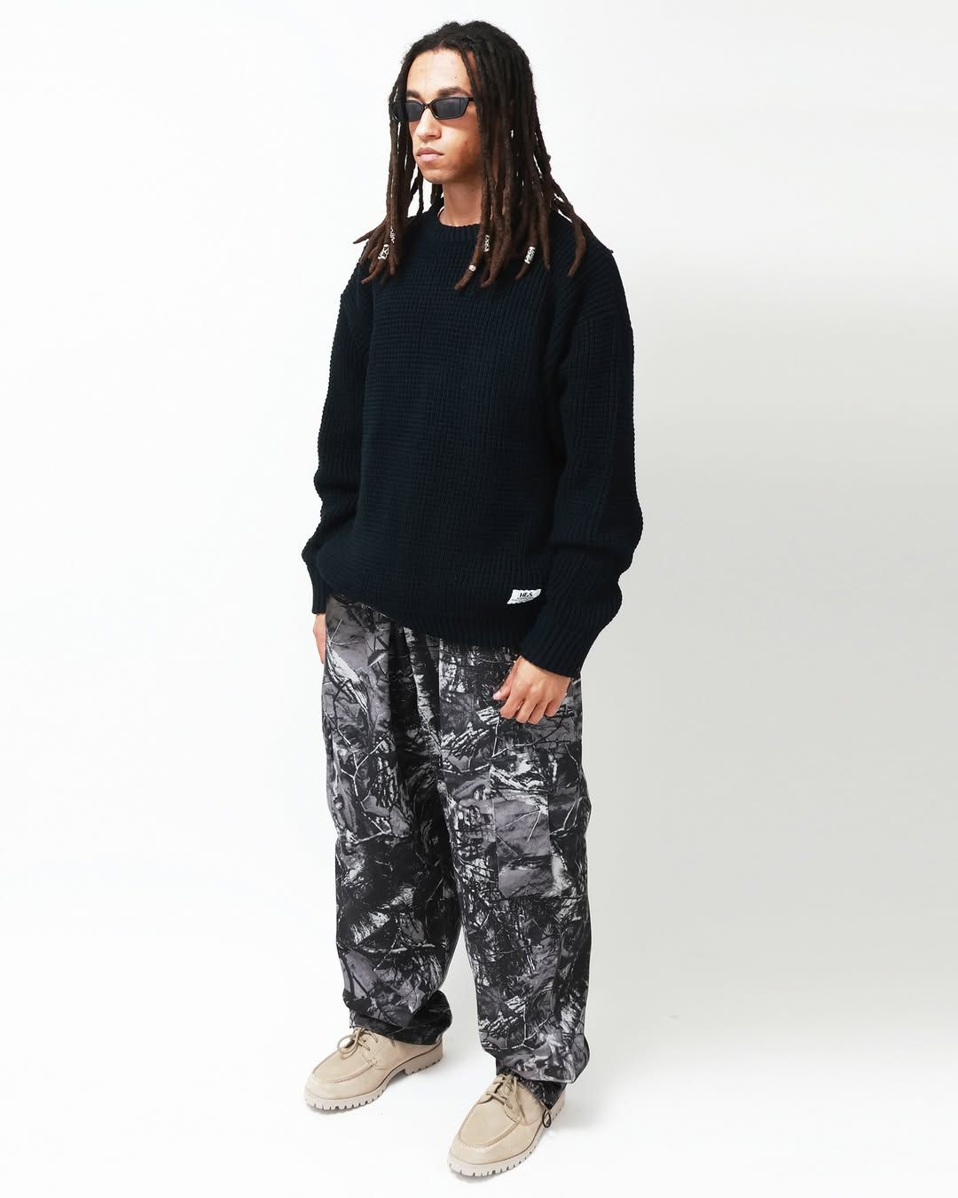 Heavy Waffle Knit Sweater (BLACK) / ヘビーワッフル コットン ニット セーター
