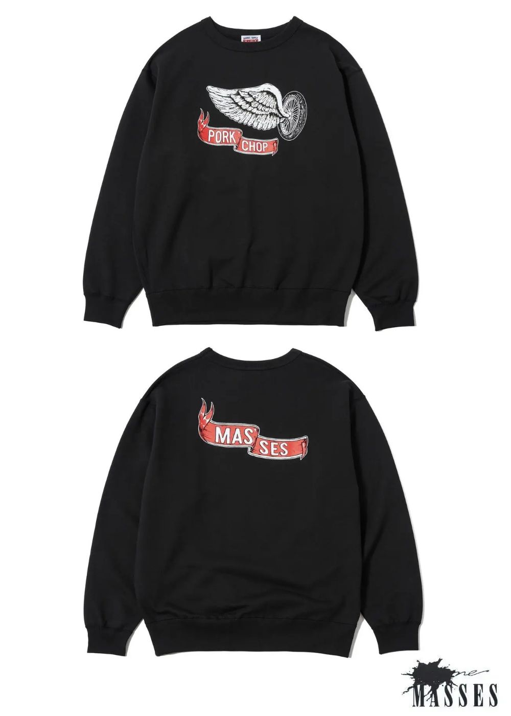 SWEAT CREW FLING WEEL P (×MASSES) (BLACK) / マシス コラボレーション スウェット