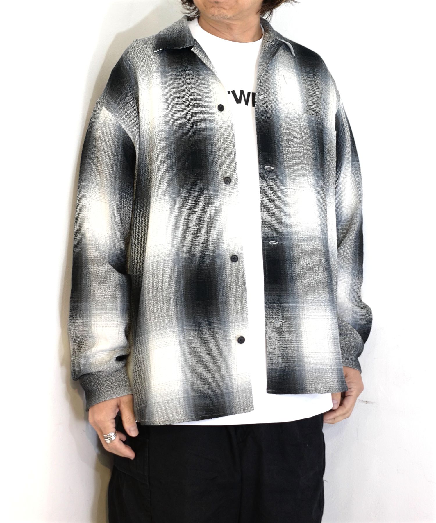 R9 CHAMPION CHECK SHIRT (BLACK) / チェック オープンカラー シャツ