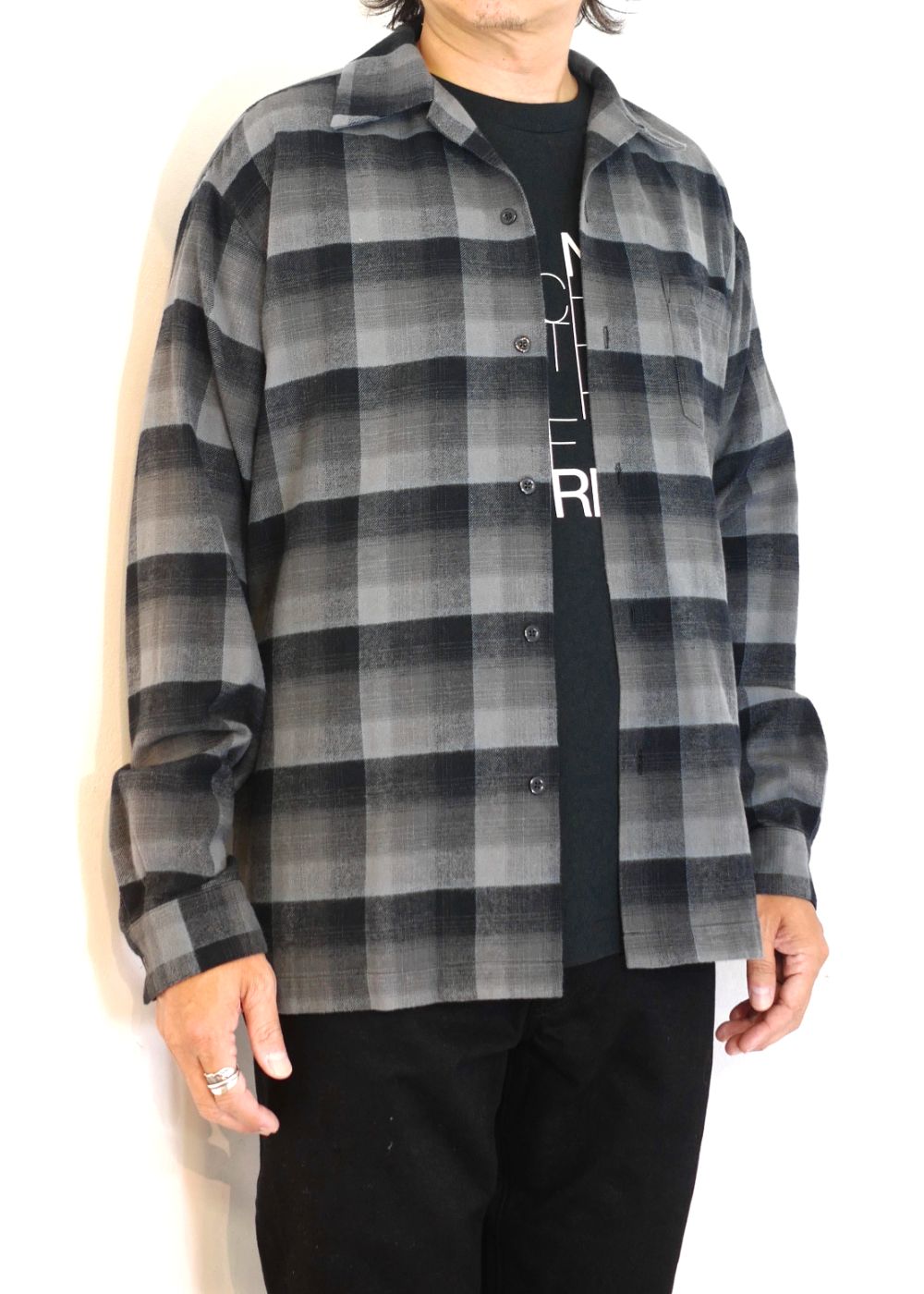 MINEDENIM - 【ラスト1点】C.R Flow Ombre Check Open Collar L/S SH (BLT) / オンブレチェック  オープンカラーシャツ | LOOPHOLE