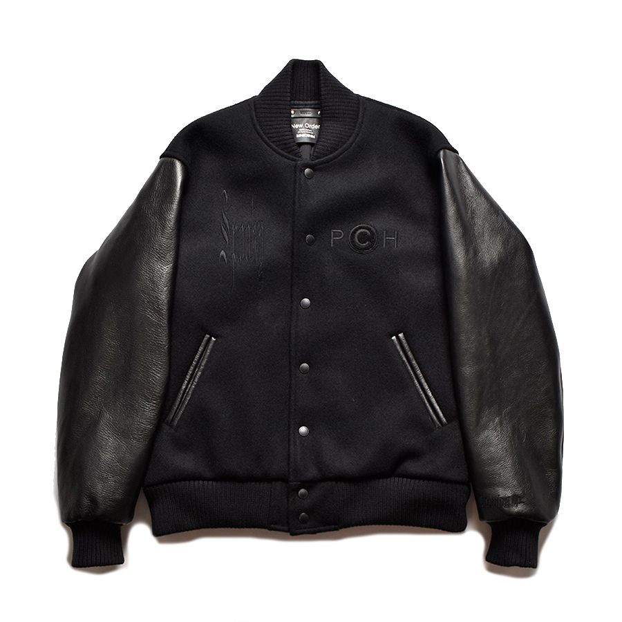 MINEDENIM - New Order “Republic” Wool Melton & Leather Varsity JKT (BLACK)  / ニューオーダー コラボ スタジャン | LOOPHOLE