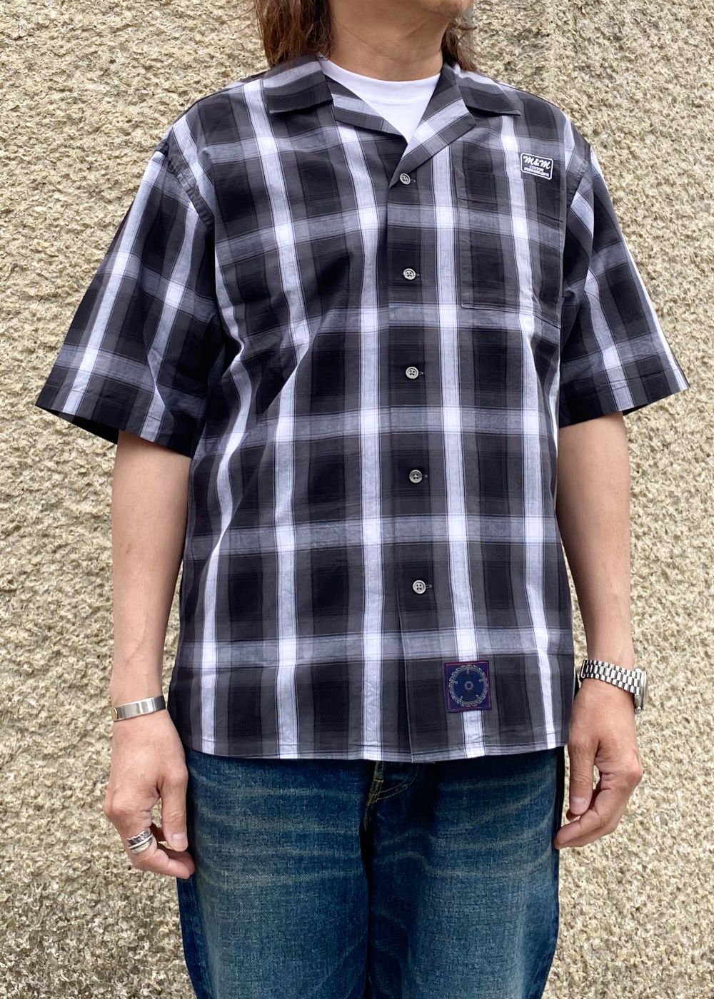 OPEN COLLAR S/S SHIRT (BLACK×WHITE) / チェック オープン カラー シャツ