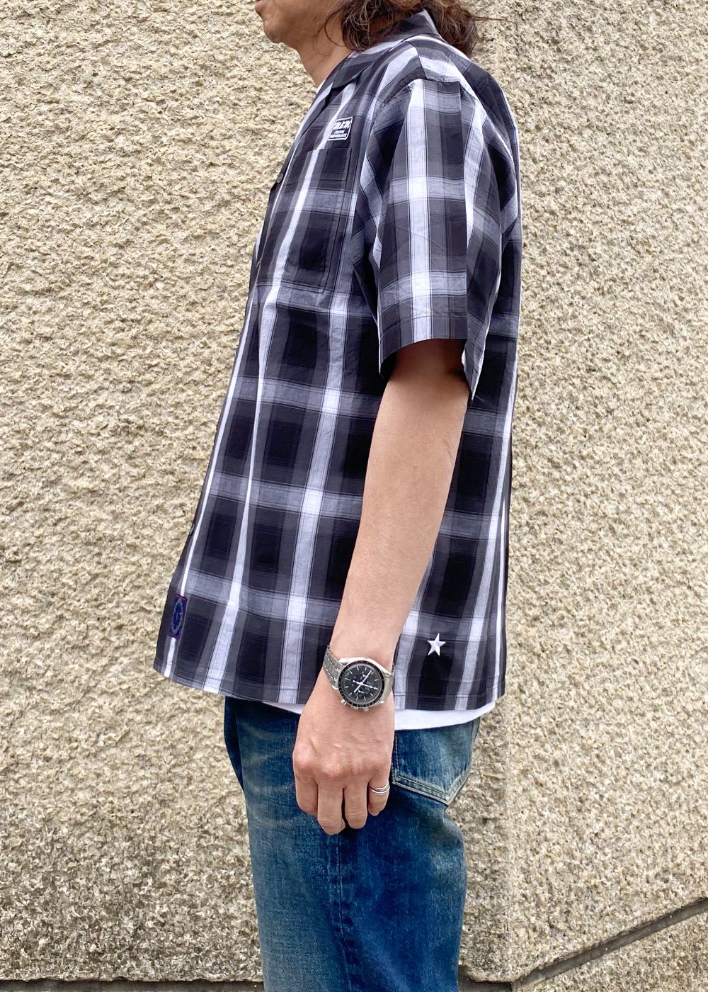 OPEN COLLAR S/S SHIRT (BLACK×WHITE) / チェック オープン カラー シャツ