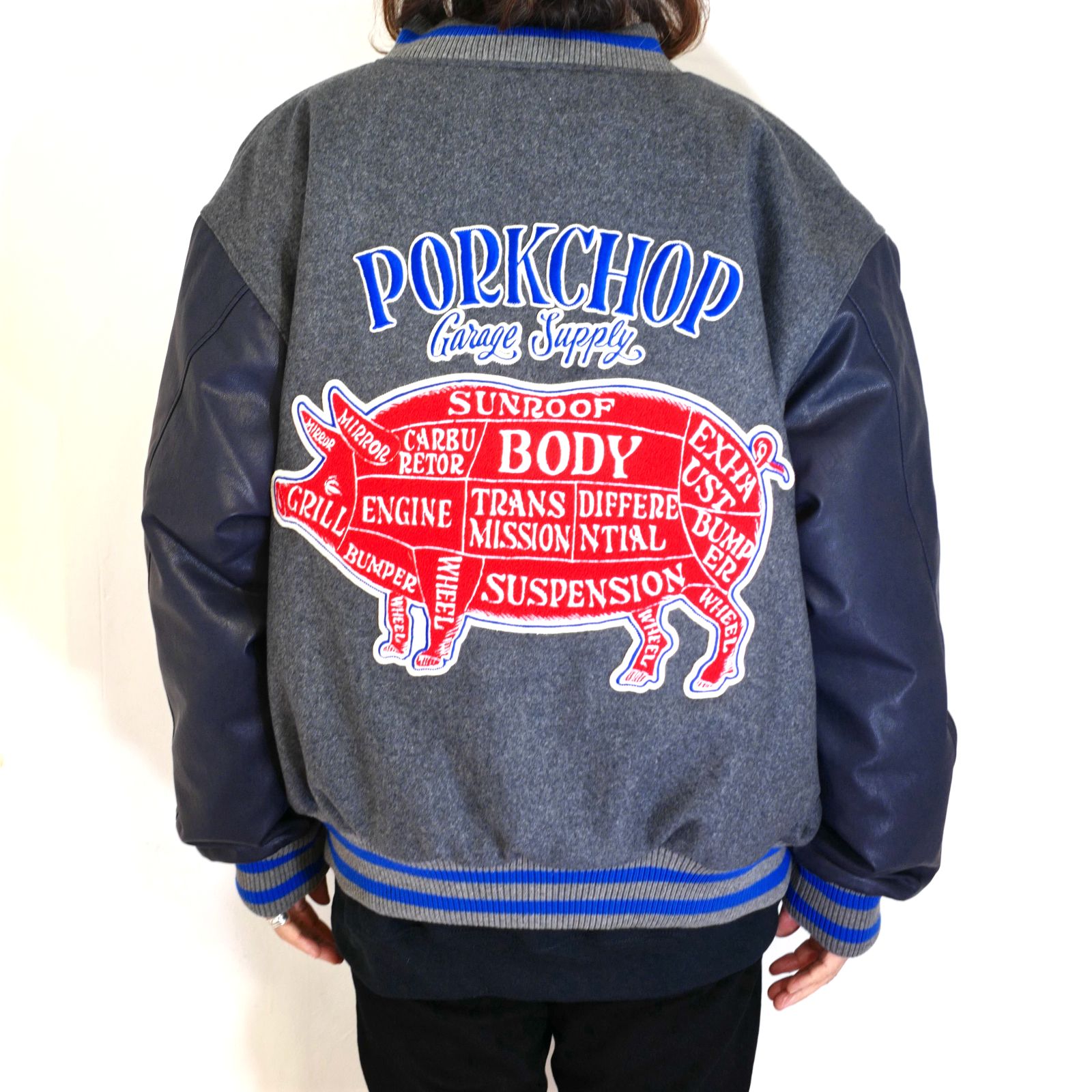 PORKCHOP - MELTON VARSITY JACKET (GRAY×NAVY) / オリジナル メルトン