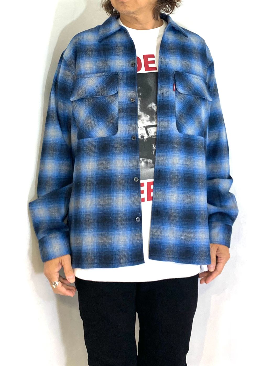 Wool Ombre Check L/S Shirt (BLUE) / ウール オンブレチェック シャツ