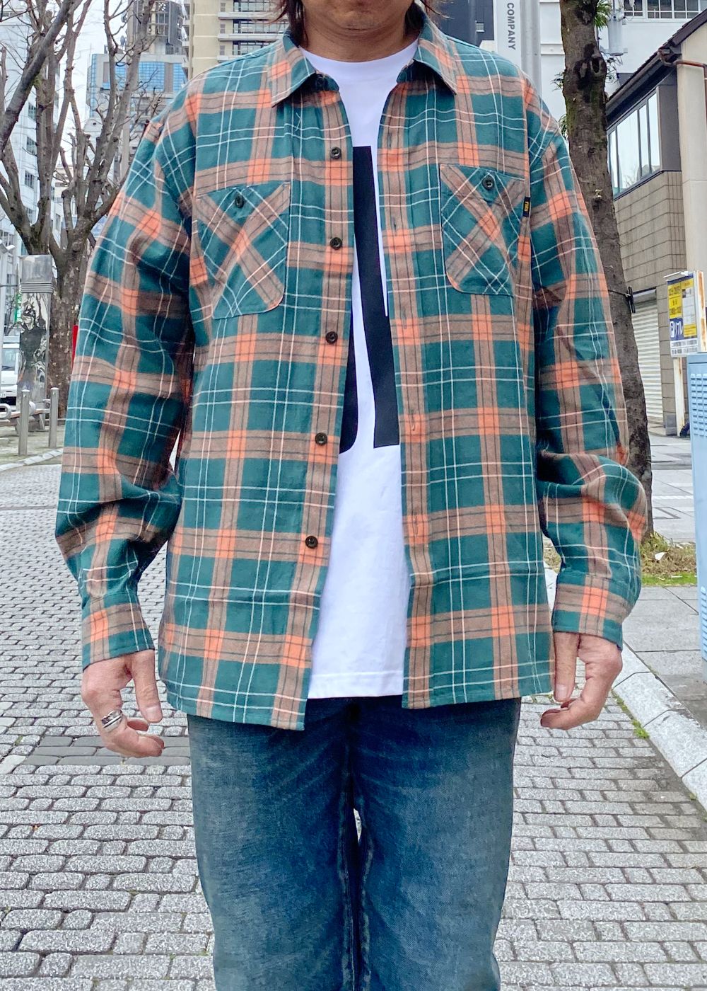 COTTON LINEN CHECK SHIRT (GREEN CHECK) / チェック コットン リネン ネルシャツ