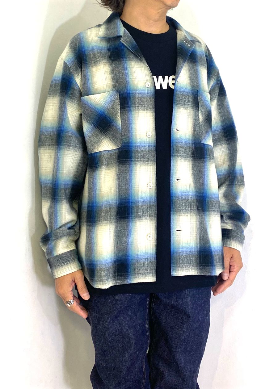 【ラスト1点】R9 OMBRE CHECK SHIRT (BLUE) / オンブレチェック オープン カラー シャツ
