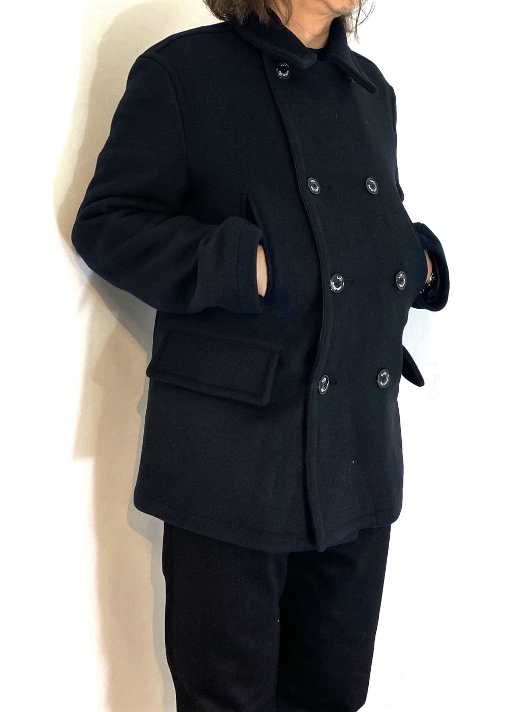 【ラスト1点】DOUBLE BREASTED WOOL JKT (BLACK) / 襟レザー ピーコート