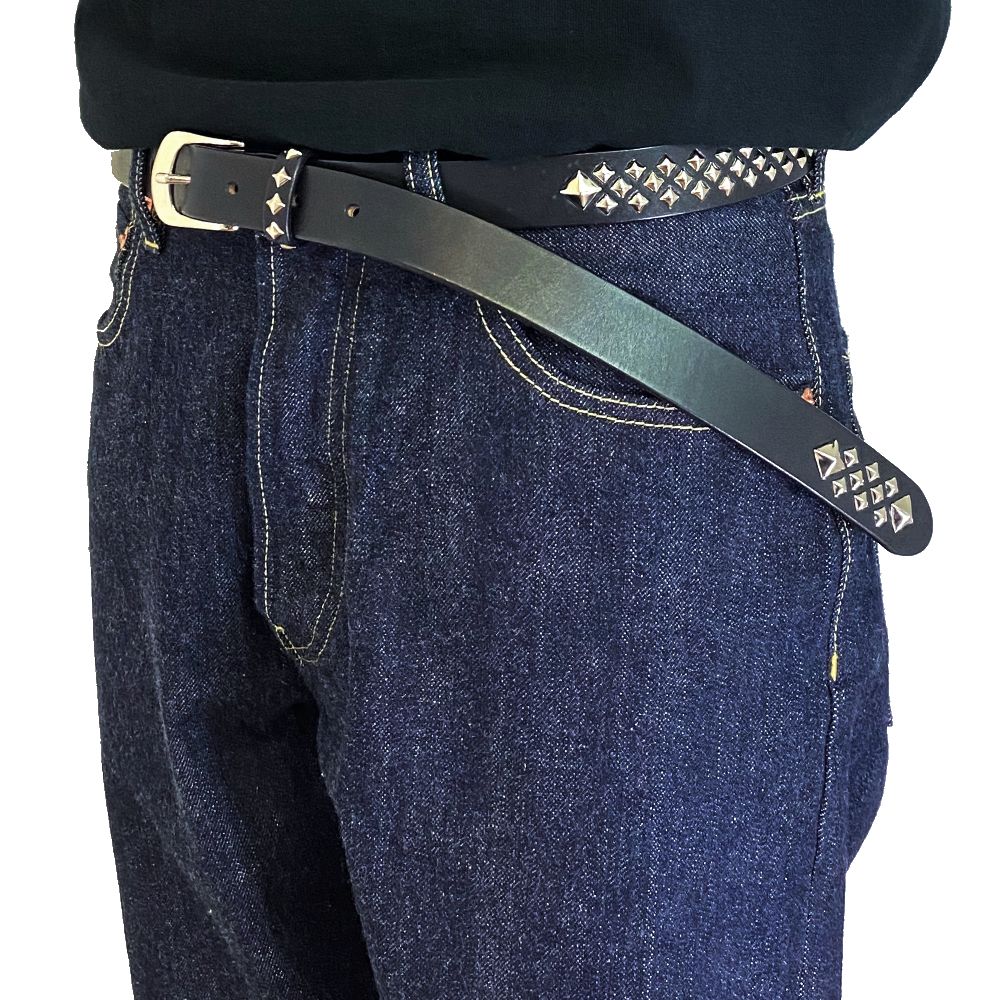 STUDS LEATHER NARROW LONG BELT (BLACK) / スタッズ レザー ナロー ロング ベルト