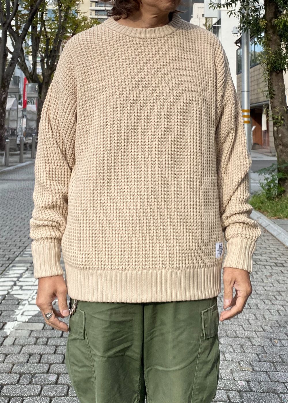 Heavy Waffle Knit Sweater (BEIGE) / ヘビーワッフル コットン ニット セーター