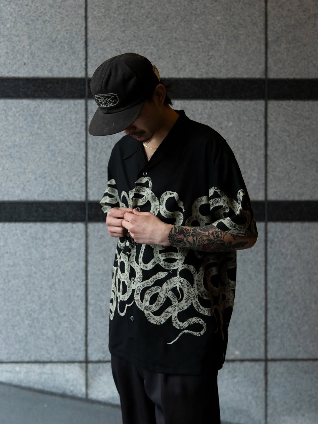SNAKE PATTERN PANEL S/S SH (BLACK) / オリジナル スネークパターン オープンカラー シャツ