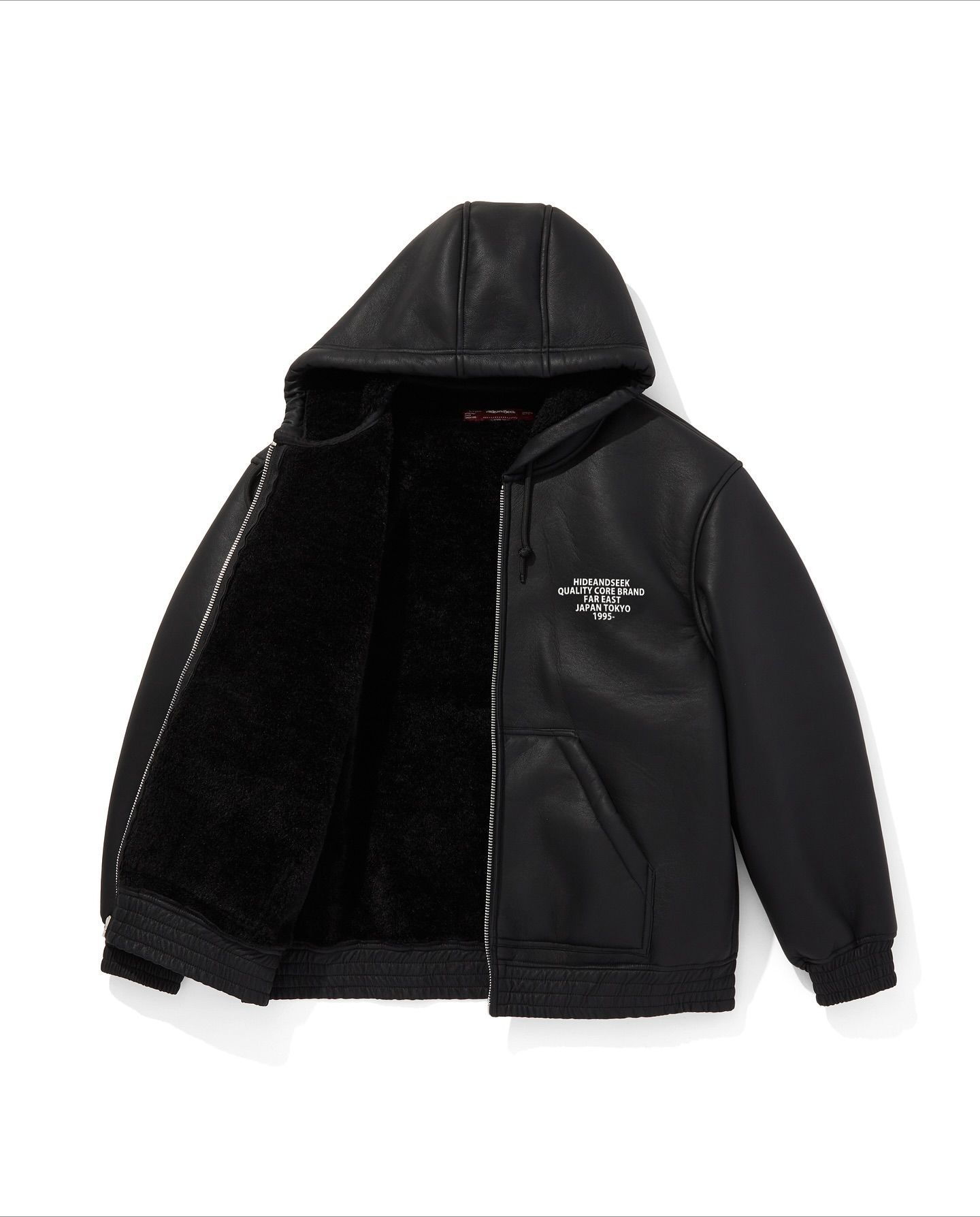 PU Leather Boa Hooded Jacket (BLACK) / フェイクレザー ボア フード ジャケット
