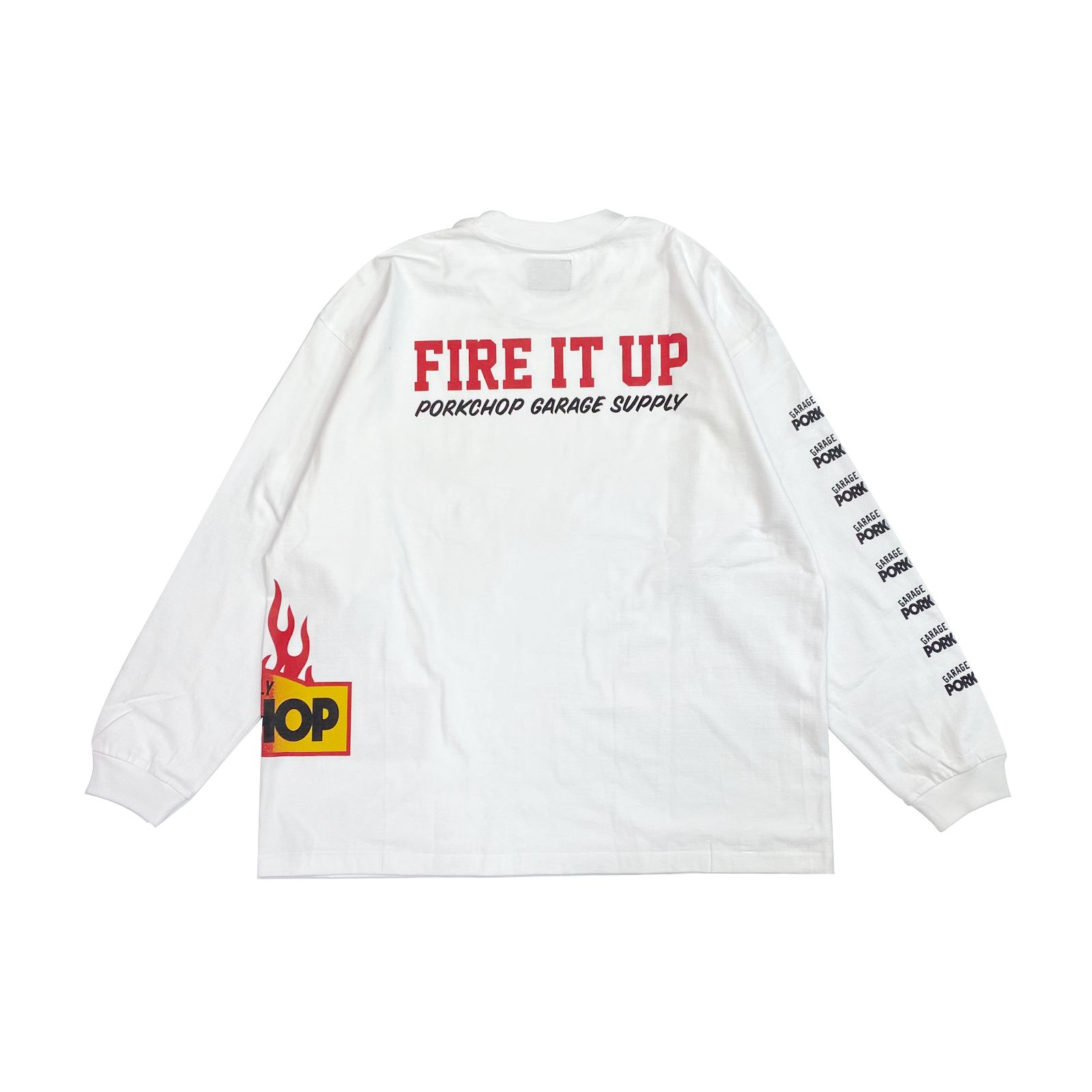 PORKCHOP - FIRE BLOCK MULTI L/S TEE (WHITE) / ロゴ プリント ロング